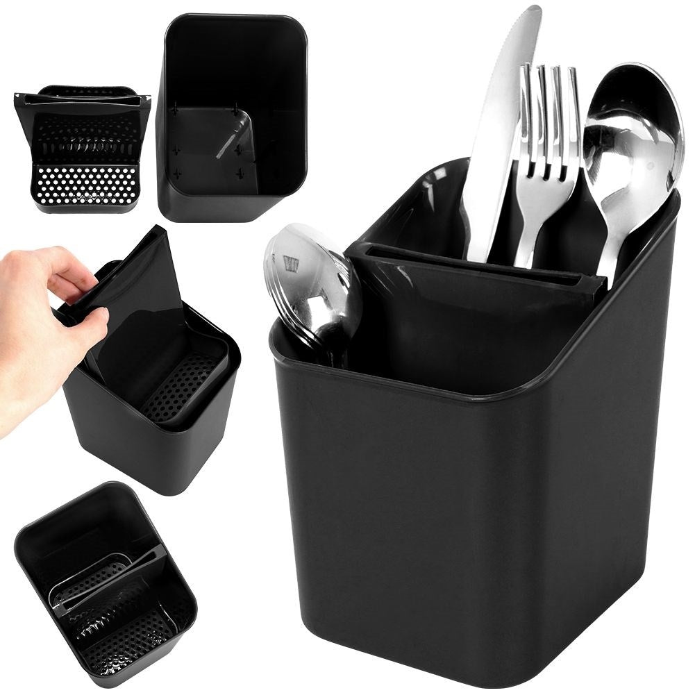 Black plastic container with two compartments for cutlery storage