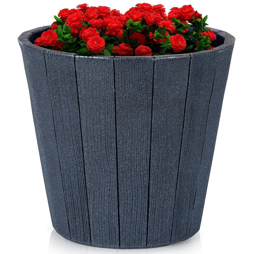 Black plastic flower pot with wooden texture, weatherproof for outdoors.