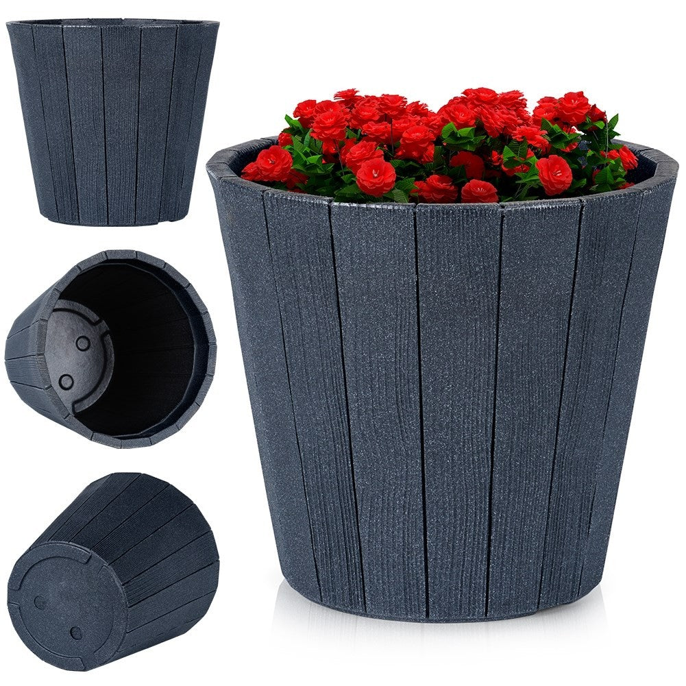 Black plastic flower pot with wooden texture, weatherproof for outdoors.