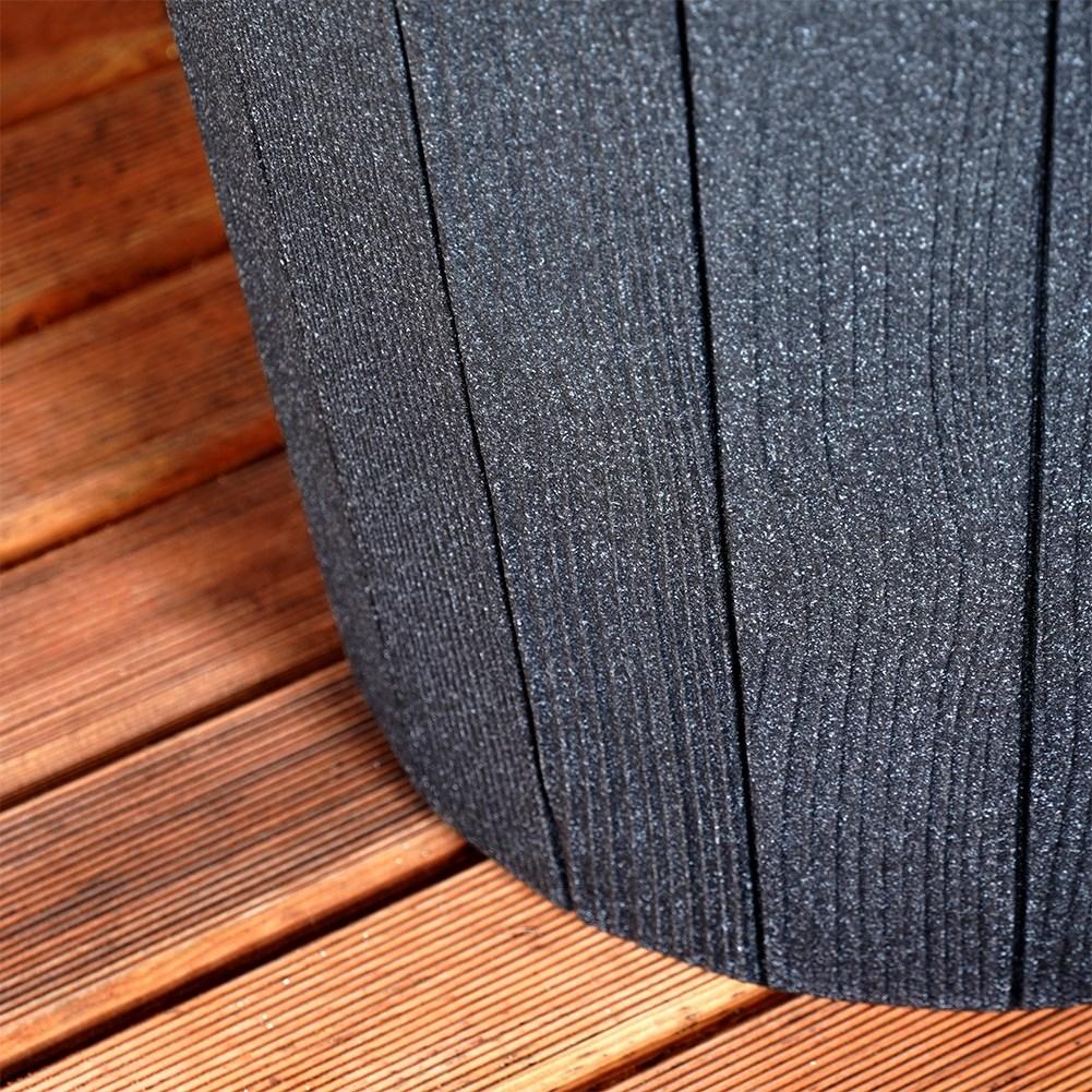 Black plastic flower pot with wooden texture, weatherproof for outdoors.