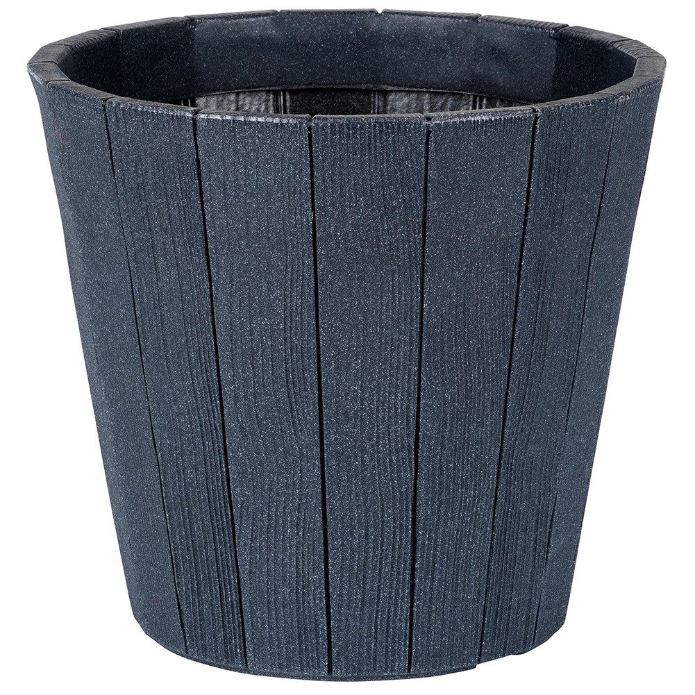 Black plastic flower pot with wooden texture, weatherproof for outdoors.