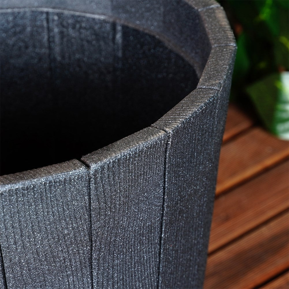 Black plastic flower pot with wooden texture, weatherproof for outdoors.