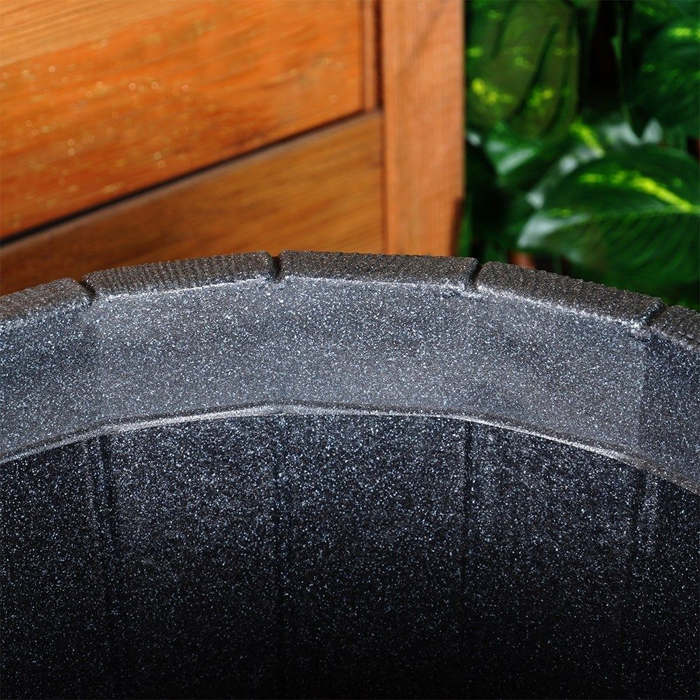 Black plastic flower pot with wooden texture, weatherproof for outdoors.