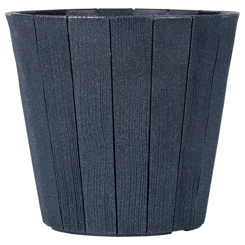 Black plastic flower pot with wooden texture, weatherproof for outdoors.