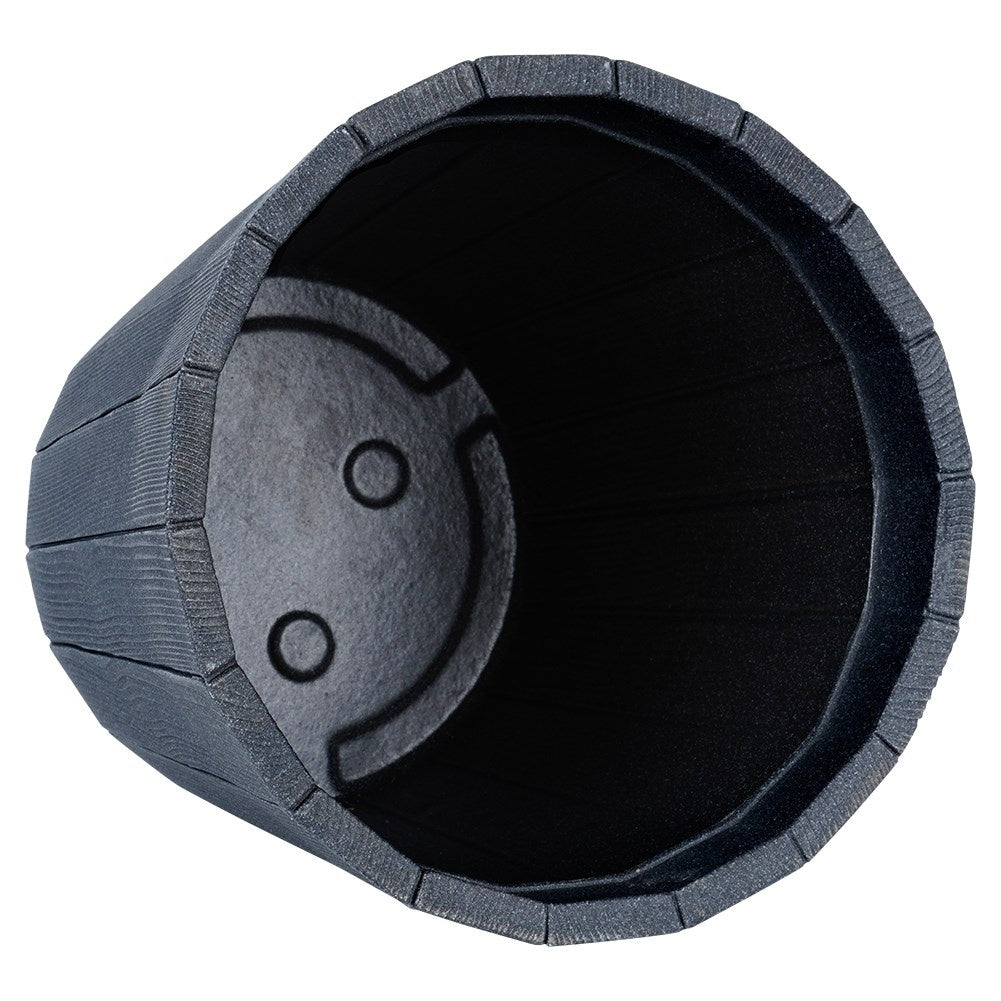 Black plastic flower pot with wooden texture, weatherproof for outdoors.