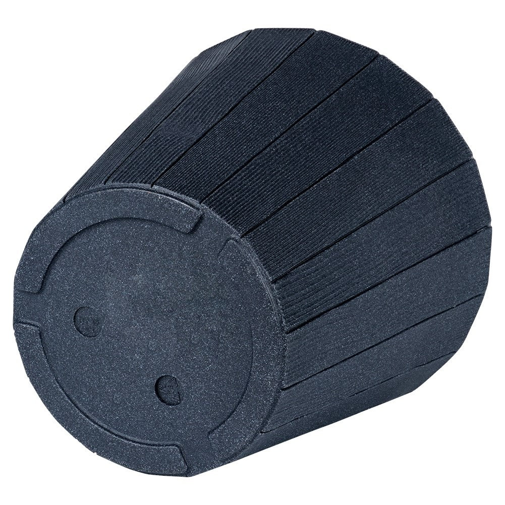 Black plastic flower pot with wooden texture, weatherproof for outdoors.