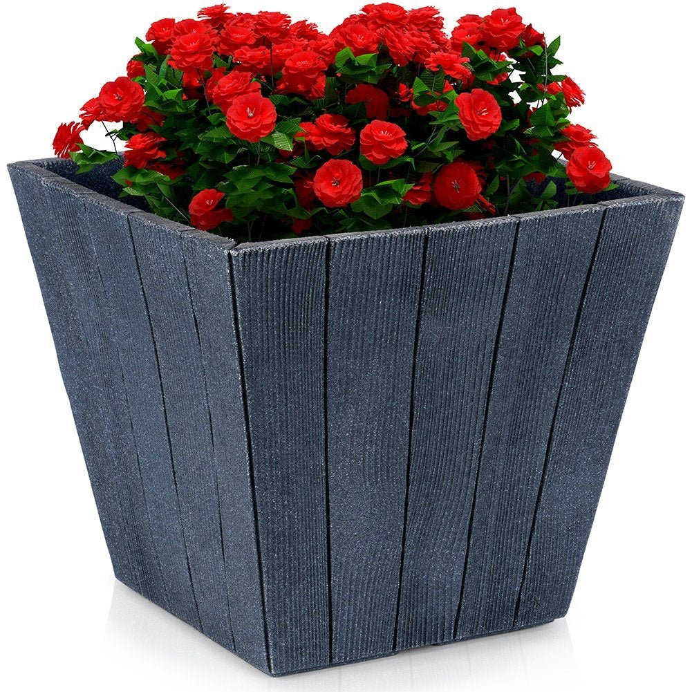 Black plastic pot with wooden texture, weatherproof for garden