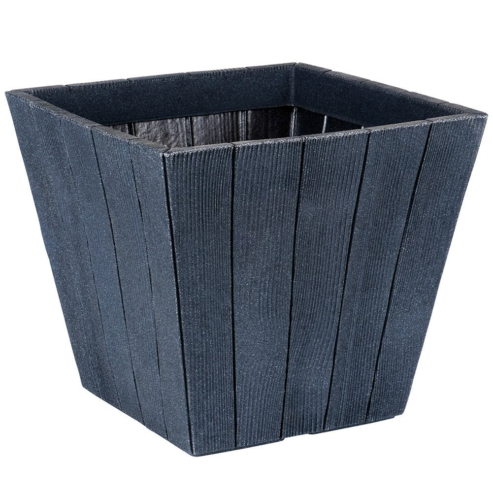 Black plastic pot with wooden texture, weatherproof for garden