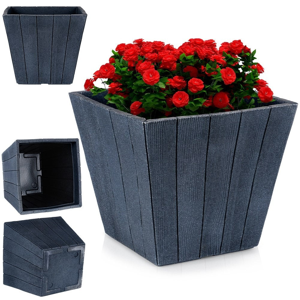 Black plastic pot with wooden texture, weatherproof for garden