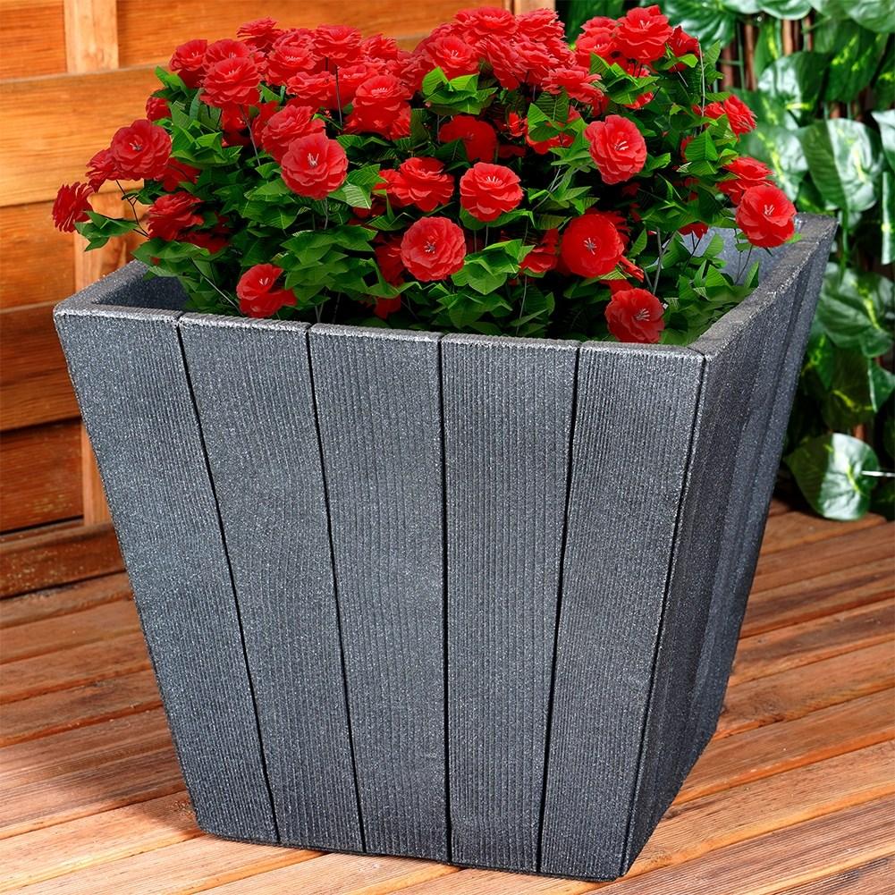 Black plastic pot with wooden texture, weatherproof for garden