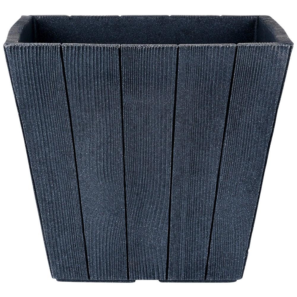Black plastic pot with wooden texture, weatherproof for garden