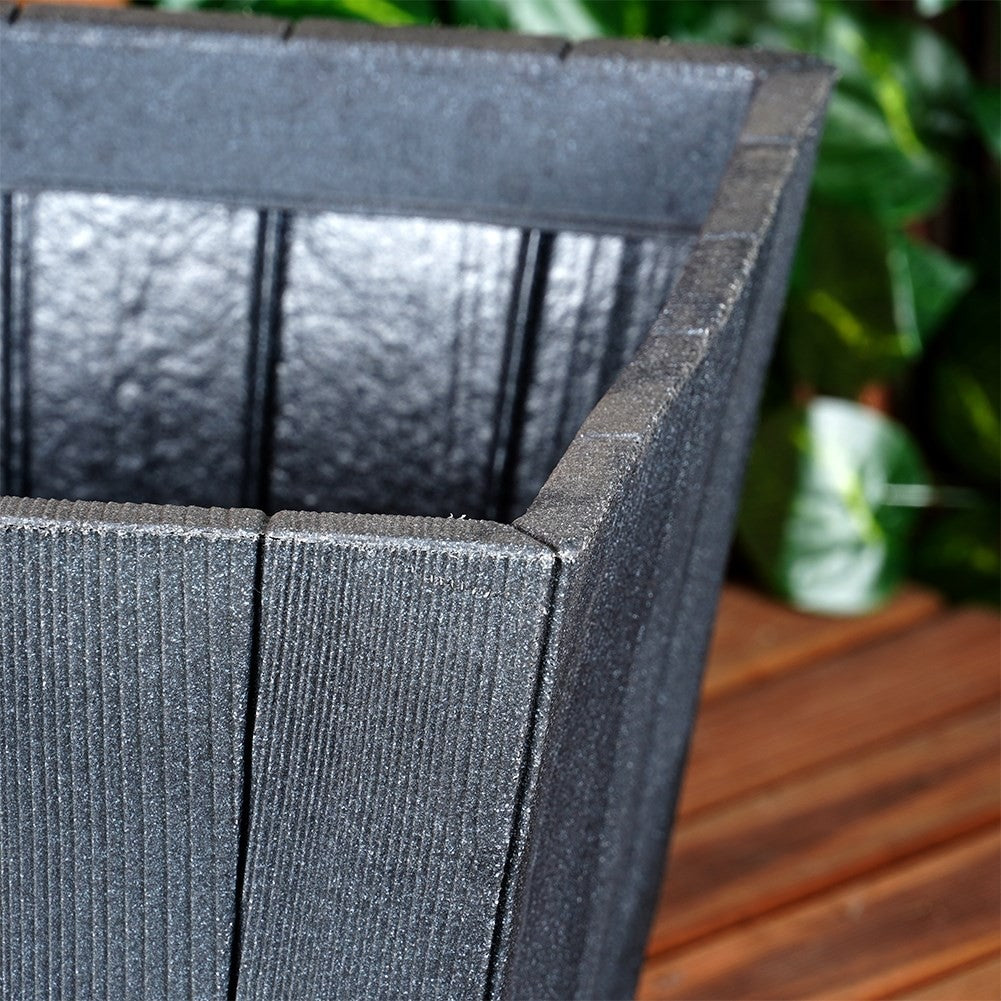 Black plastic pot with wooden texture, weatherproof for garden