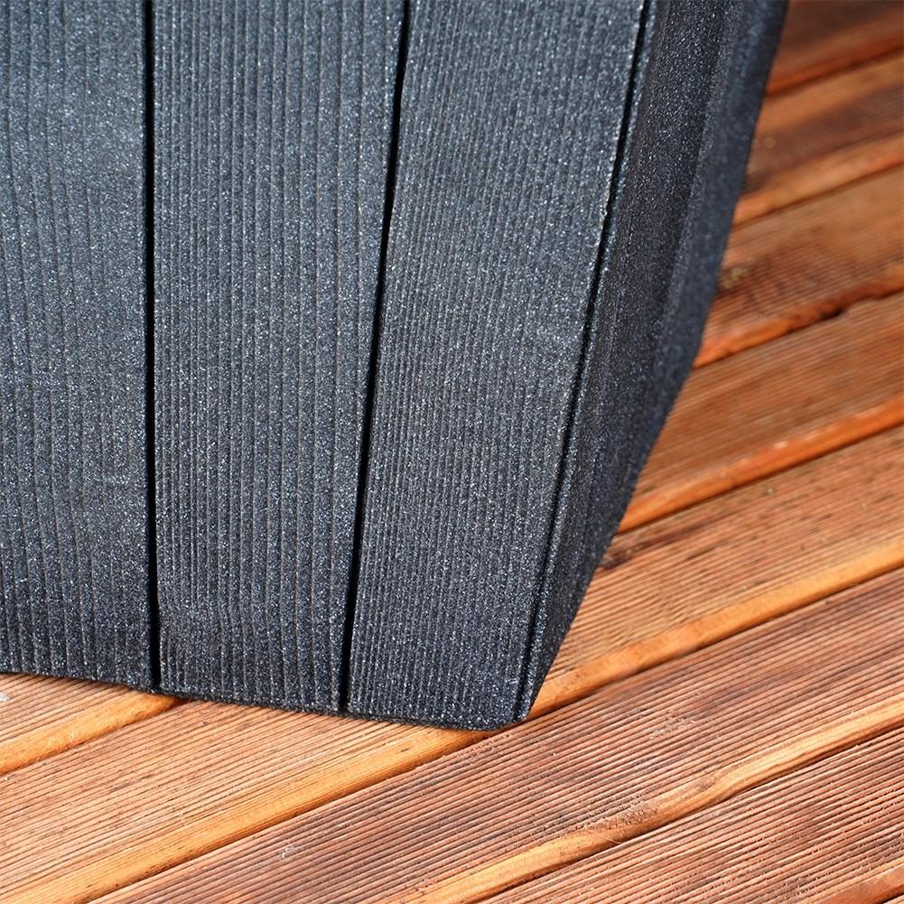 Black plastic pot with wooden texture, weatherproof for garden