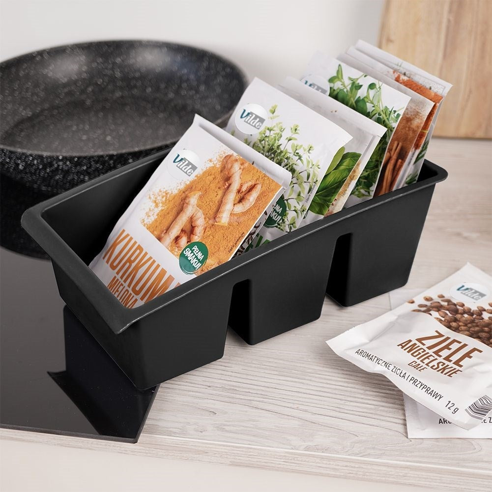 Black plastic spice storage for order in cupboards and drawers