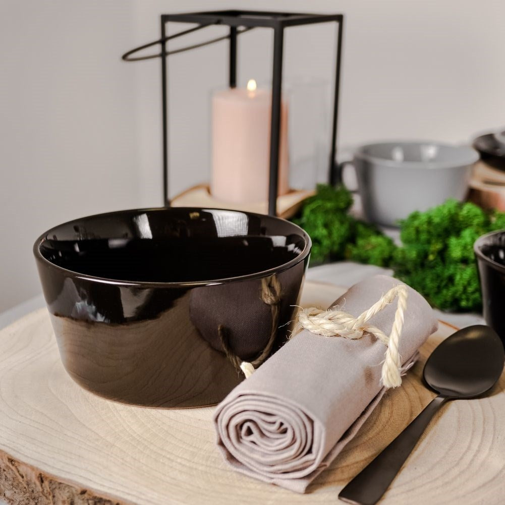 Black porcelain bowl for soup, cereal, yogurt & snacks