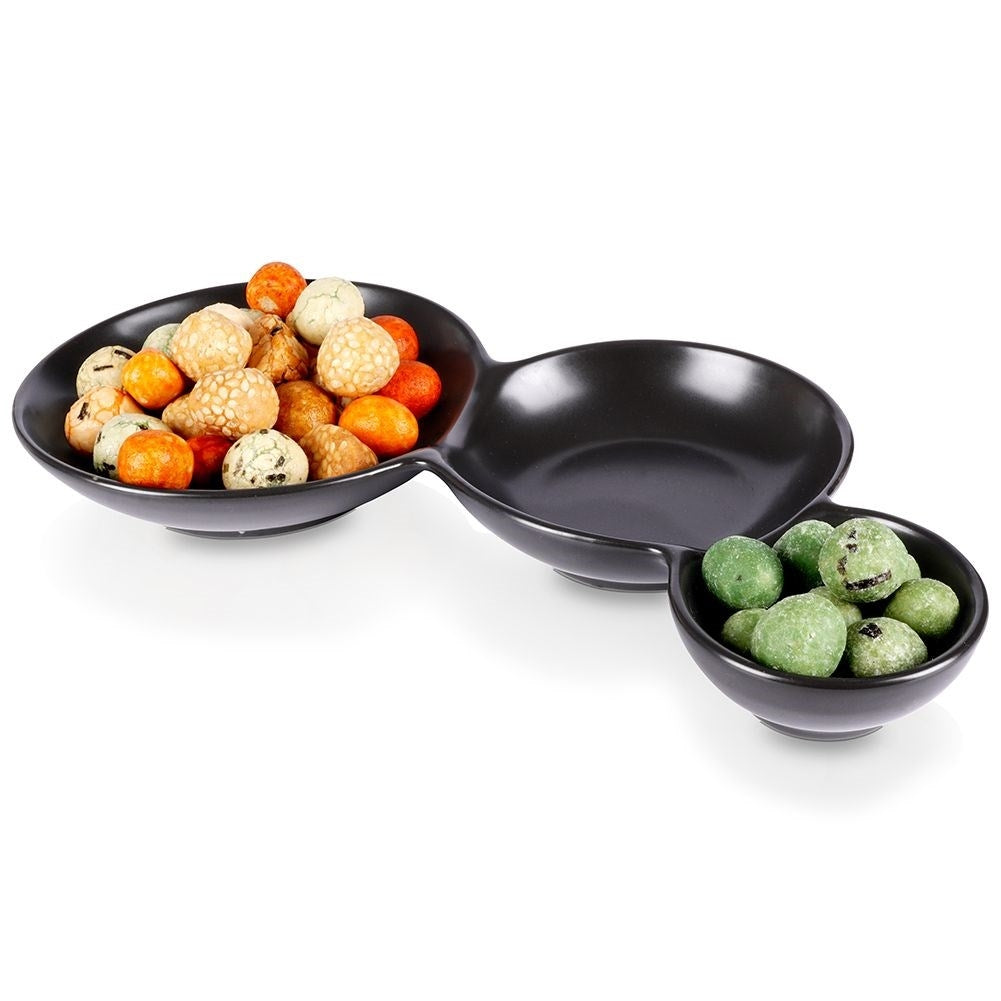 Black porcelain bowl with three compartments for snacks and dipping sauces