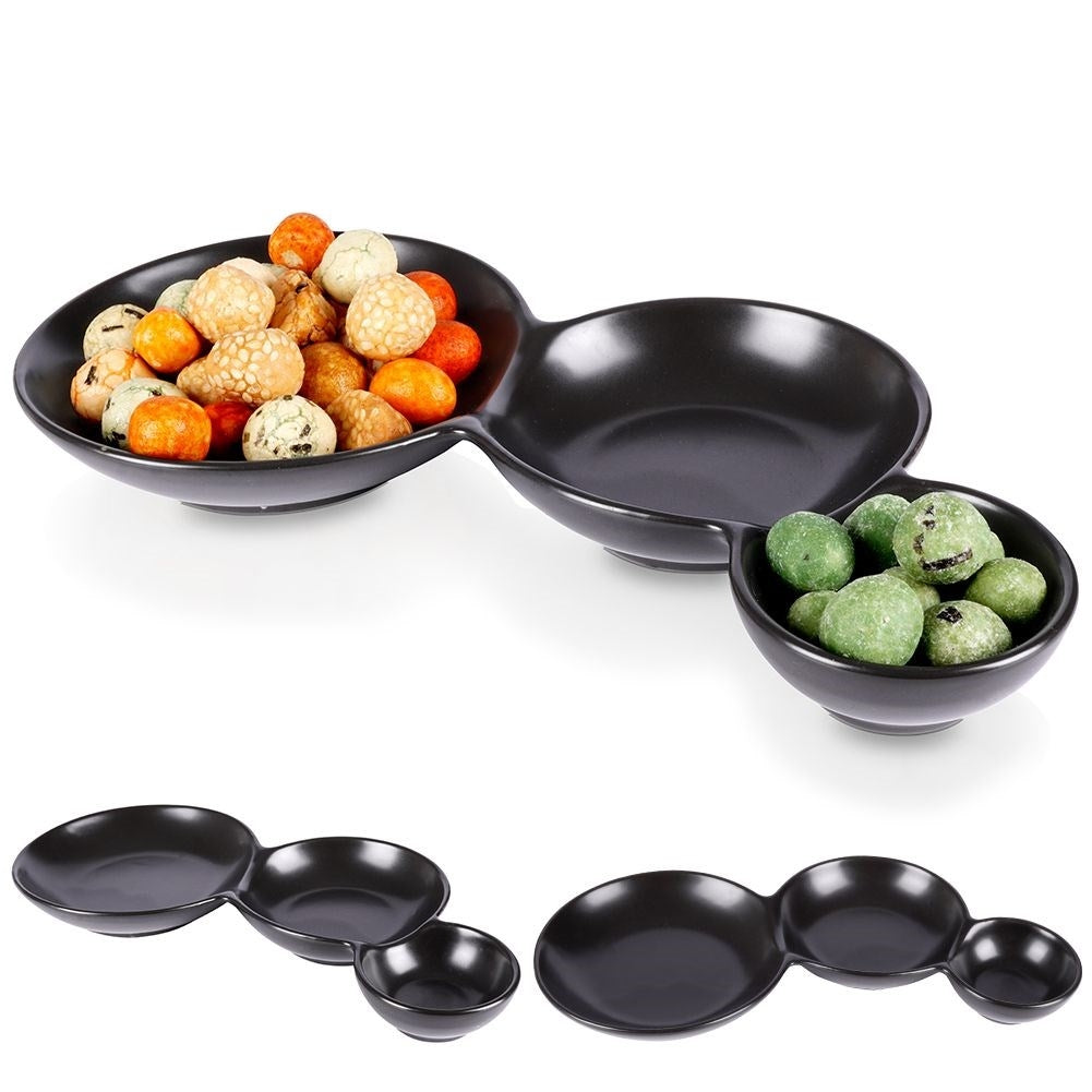 Black porcelain bowl with three compartments for snacks and dipping sauces