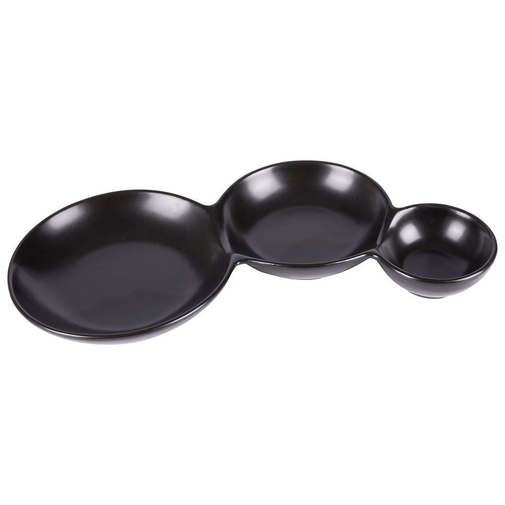 Black porcelain bowl with three compartments for snacks and dipping sauces