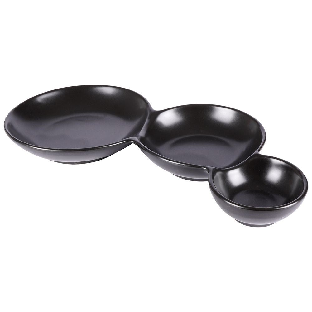 Black porcelain bowl with three compartments for snacks and dipping sauces