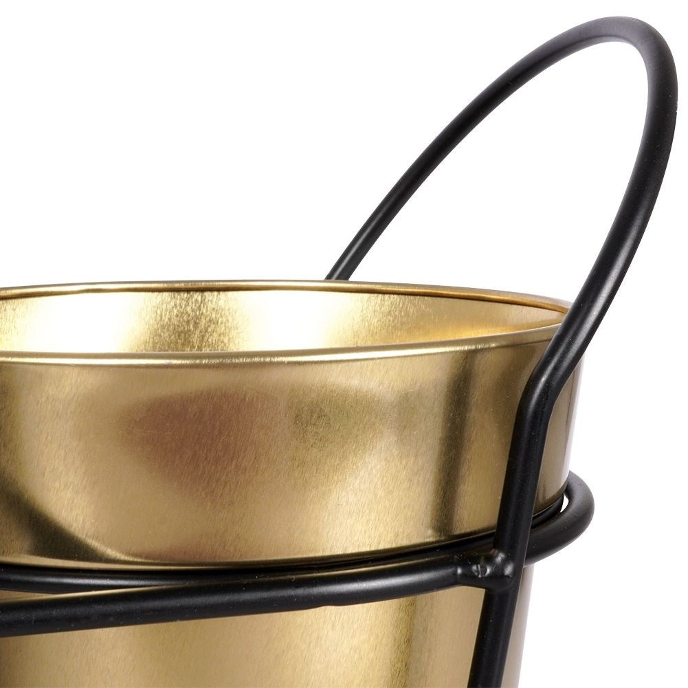 Black pot stand for three plants with gold colored pots