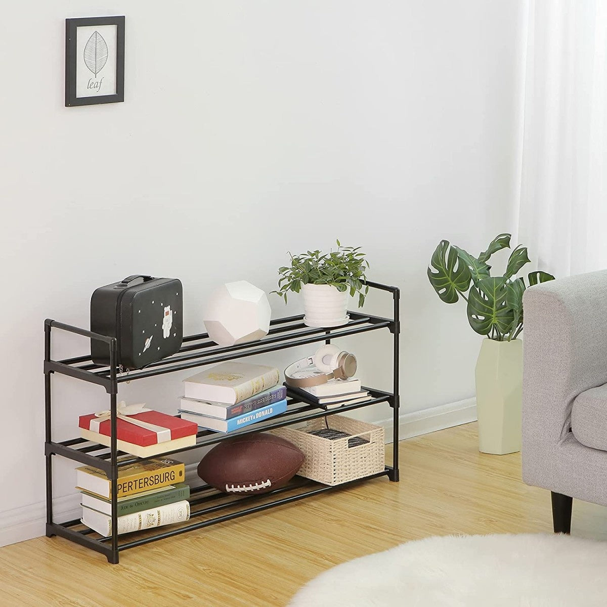 Black shoe rack cabinet with 3 shelves