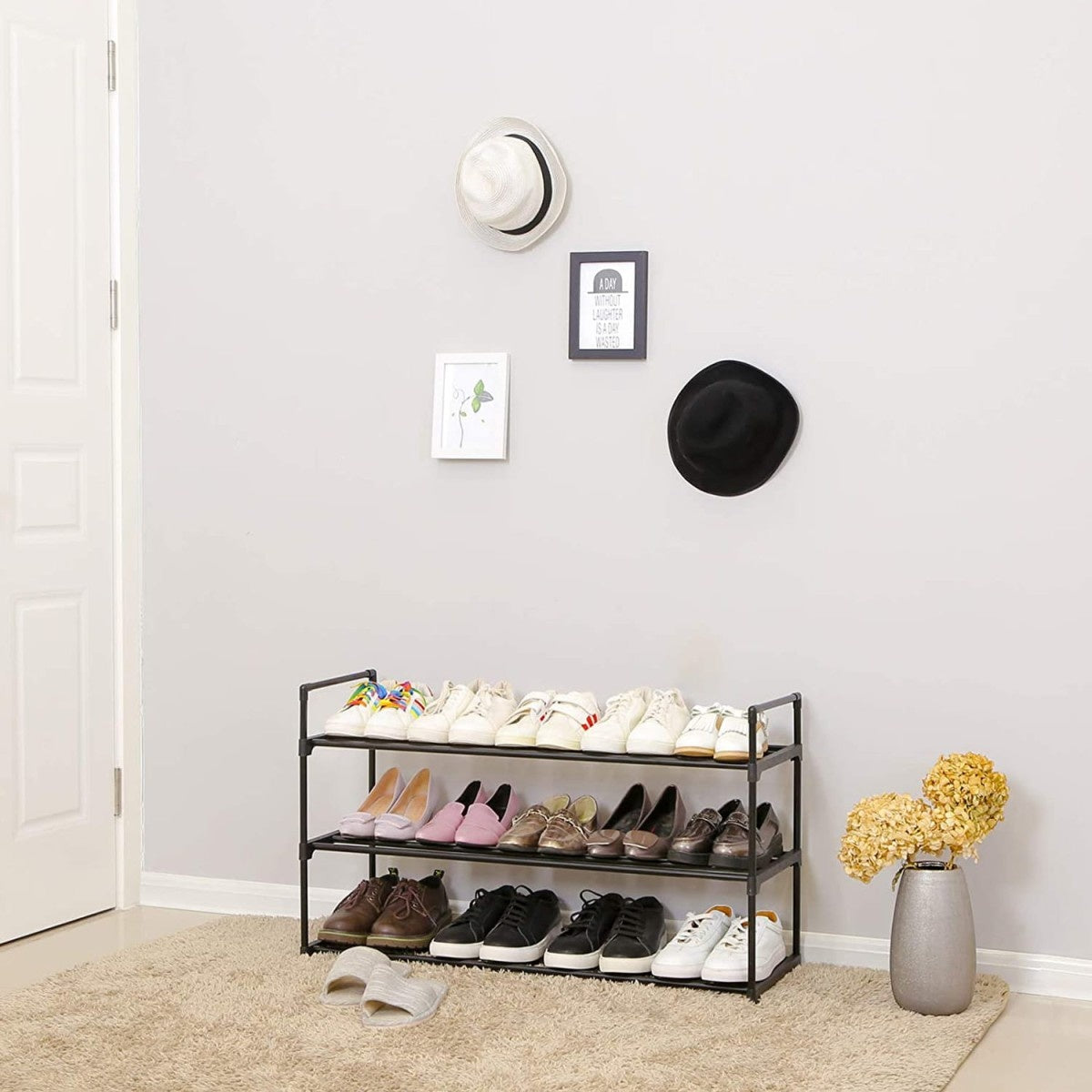 Black shoe rack cabinet with 3 shelves