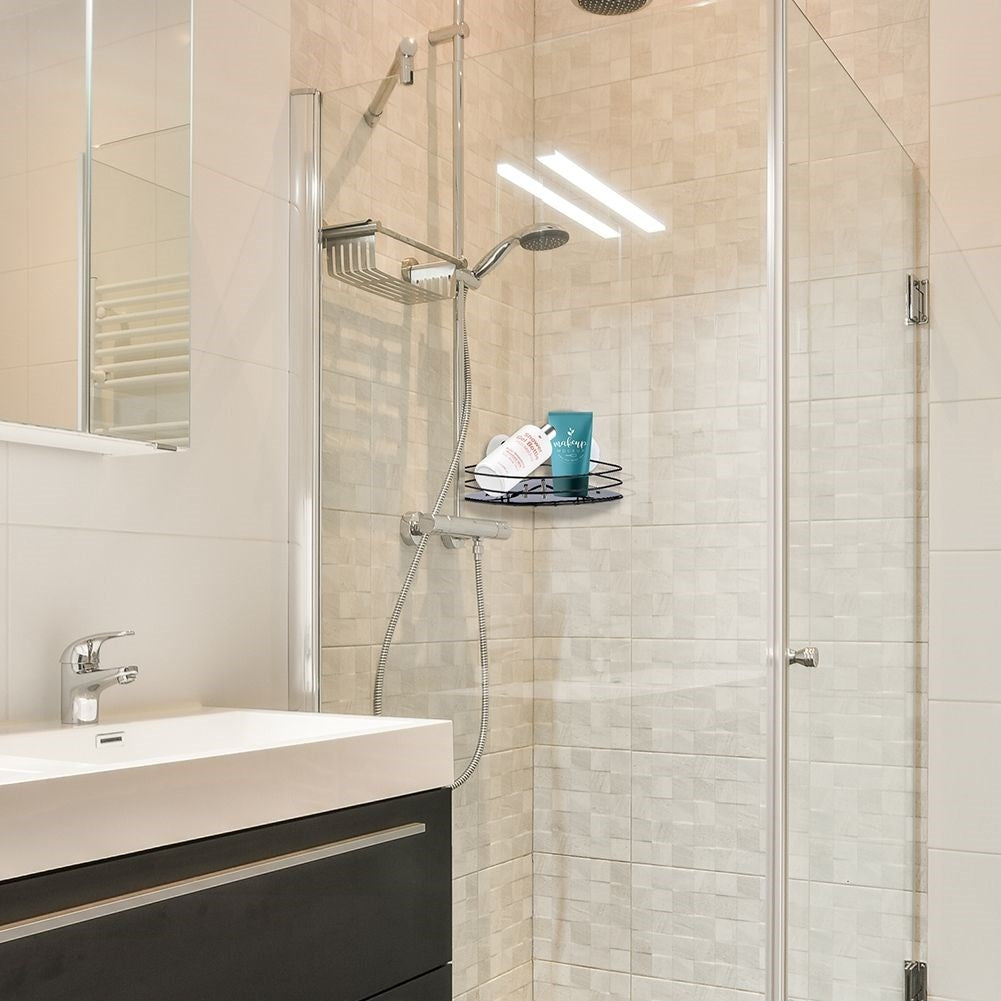 Black stainless steel bathroom shelf with suction cups for shower