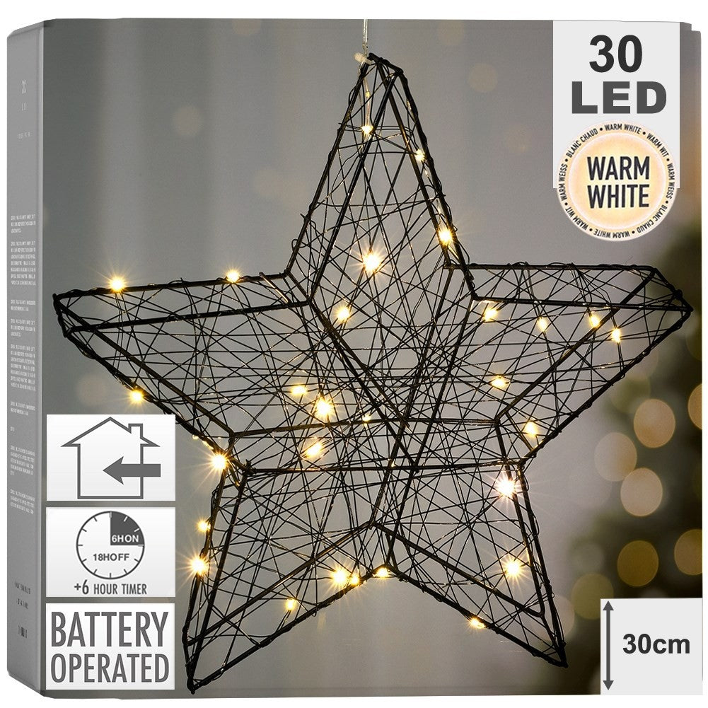 Black star decoration 30 cm with 30 LED lights for Christmas