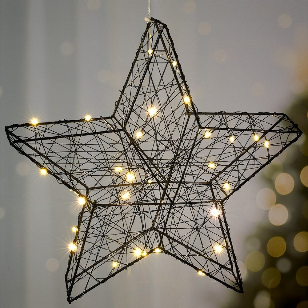 Black star decoration 30 cm with 30 LED lights for Christmas
