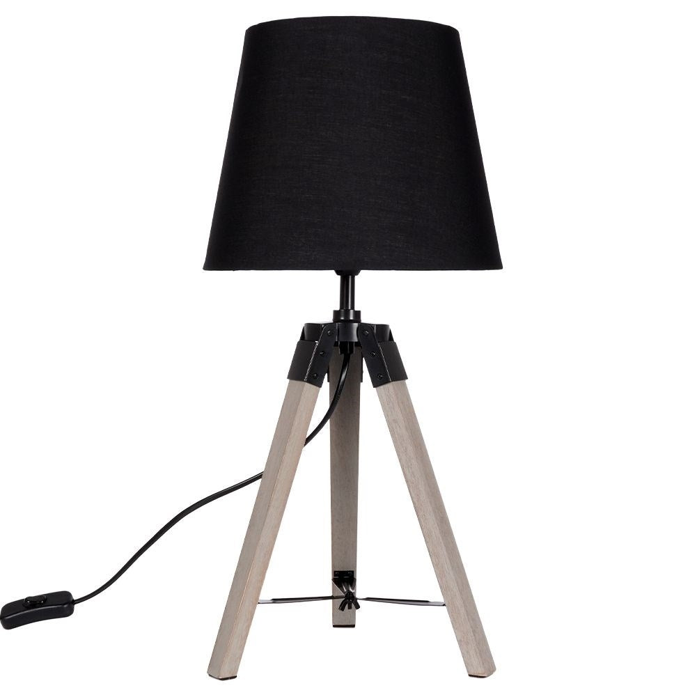 Black table lamp with shade and wooden legs for home and office