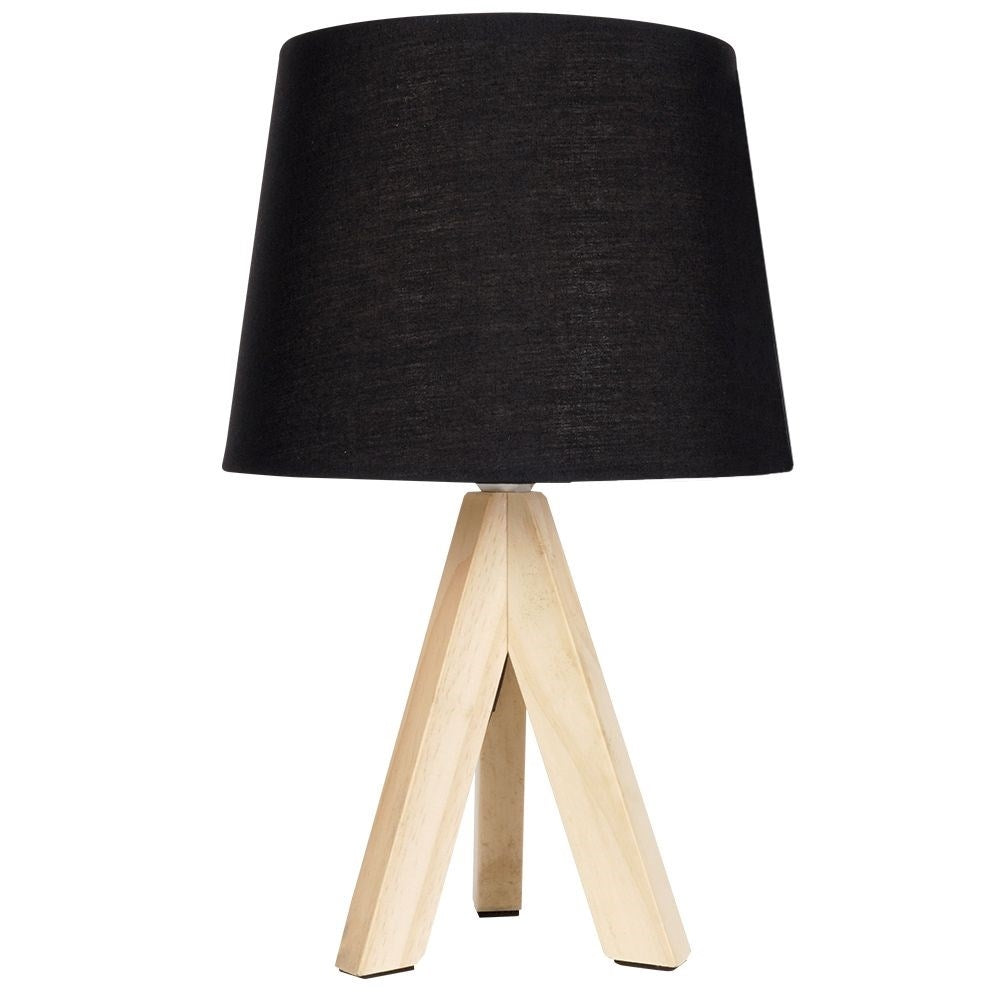 Black table lamp with shade and wooden legs for home and office