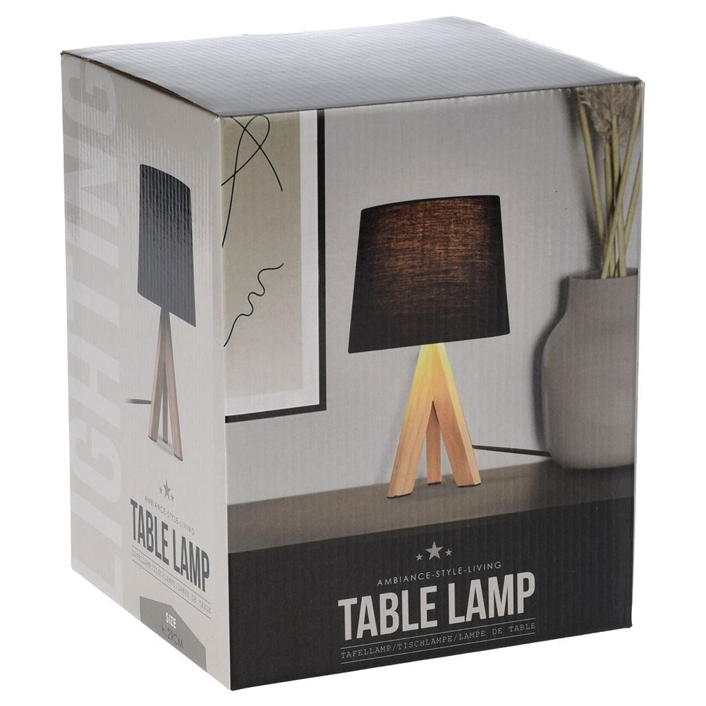 Black table lamp with shade and wooden legs for home and office