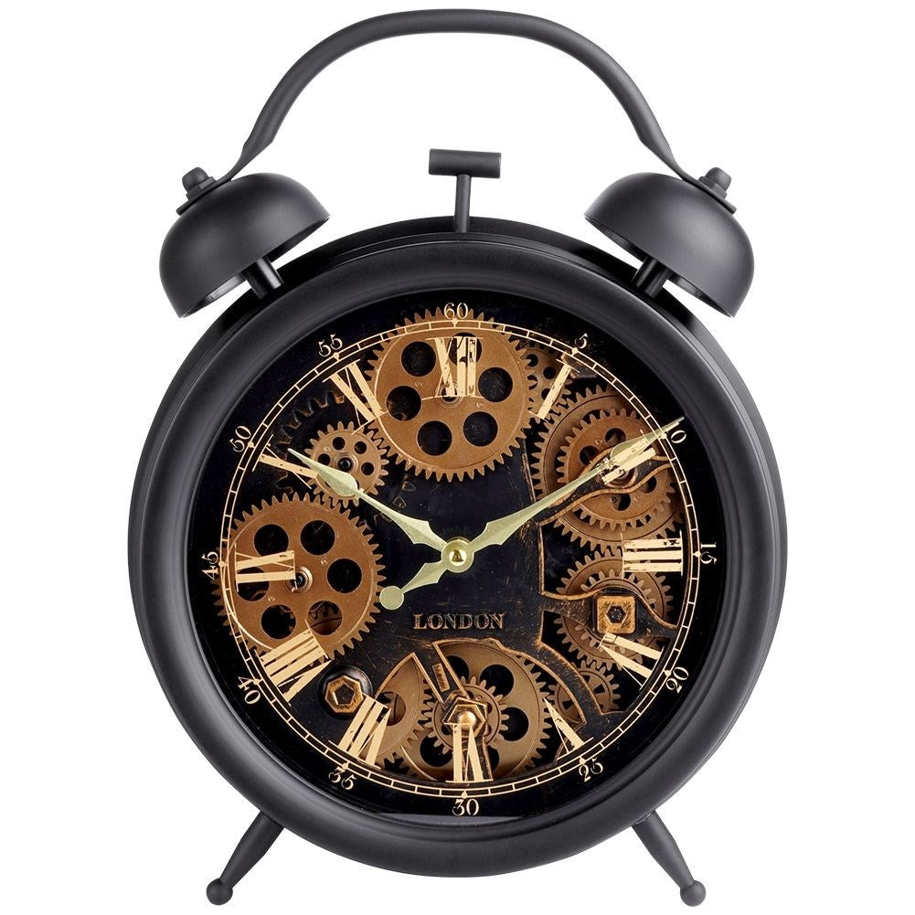 Black wall clock with moving gold gears and Roman numerals