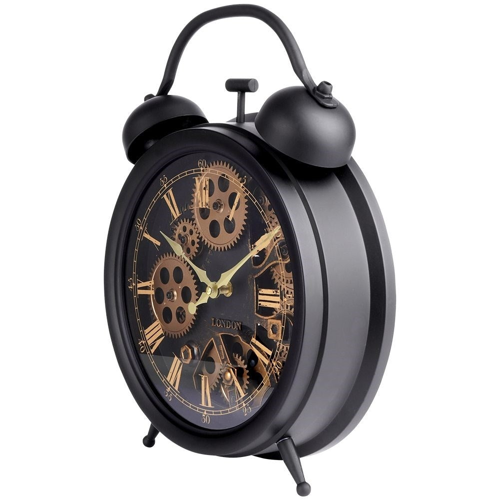 Black wall clock with moving gold gears and Roman numerals