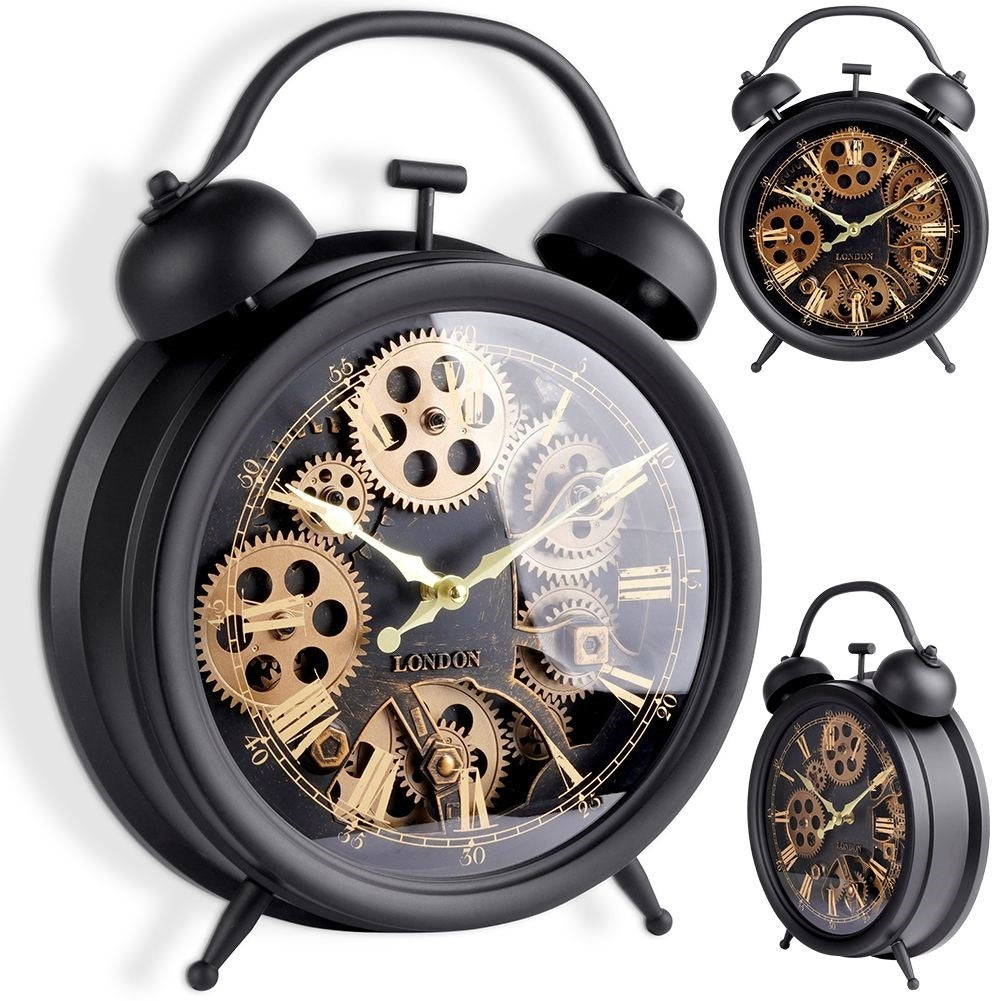 Black wall clock with moving gold gears and Roman numerals