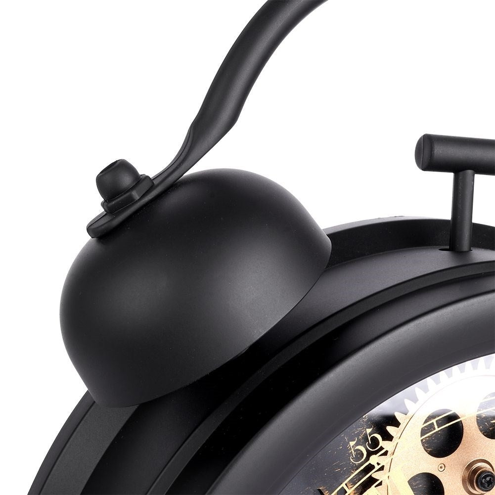 Black wall clock with moving gold gears and Roman numerals