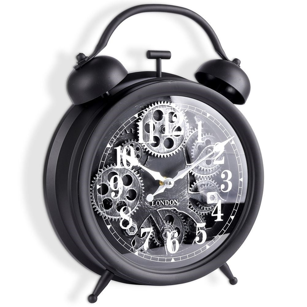 Black wall clock with moving silver gears and clear numbers