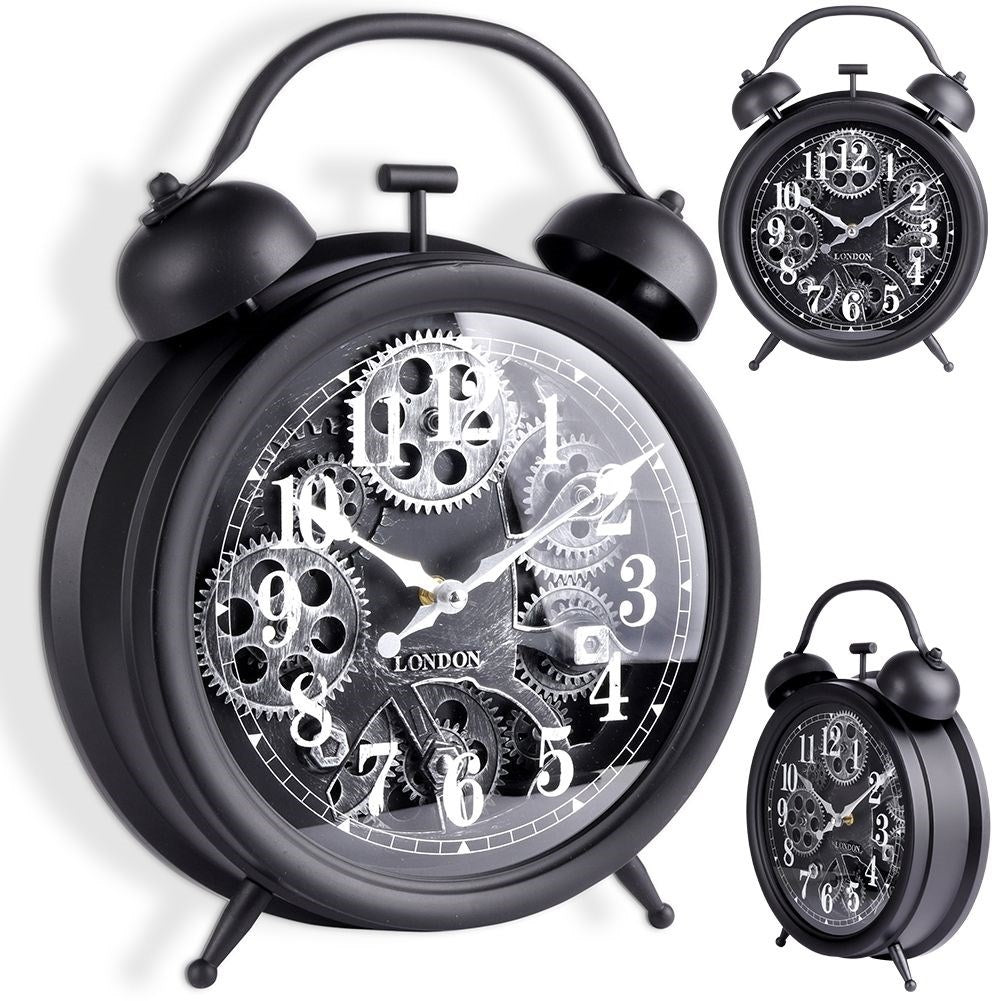 Black wall clock with moving silver gears and clear numbers