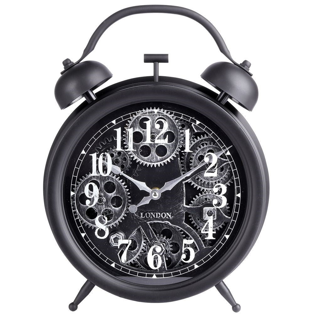 Black wall clock with moving silver gears and clear numbers