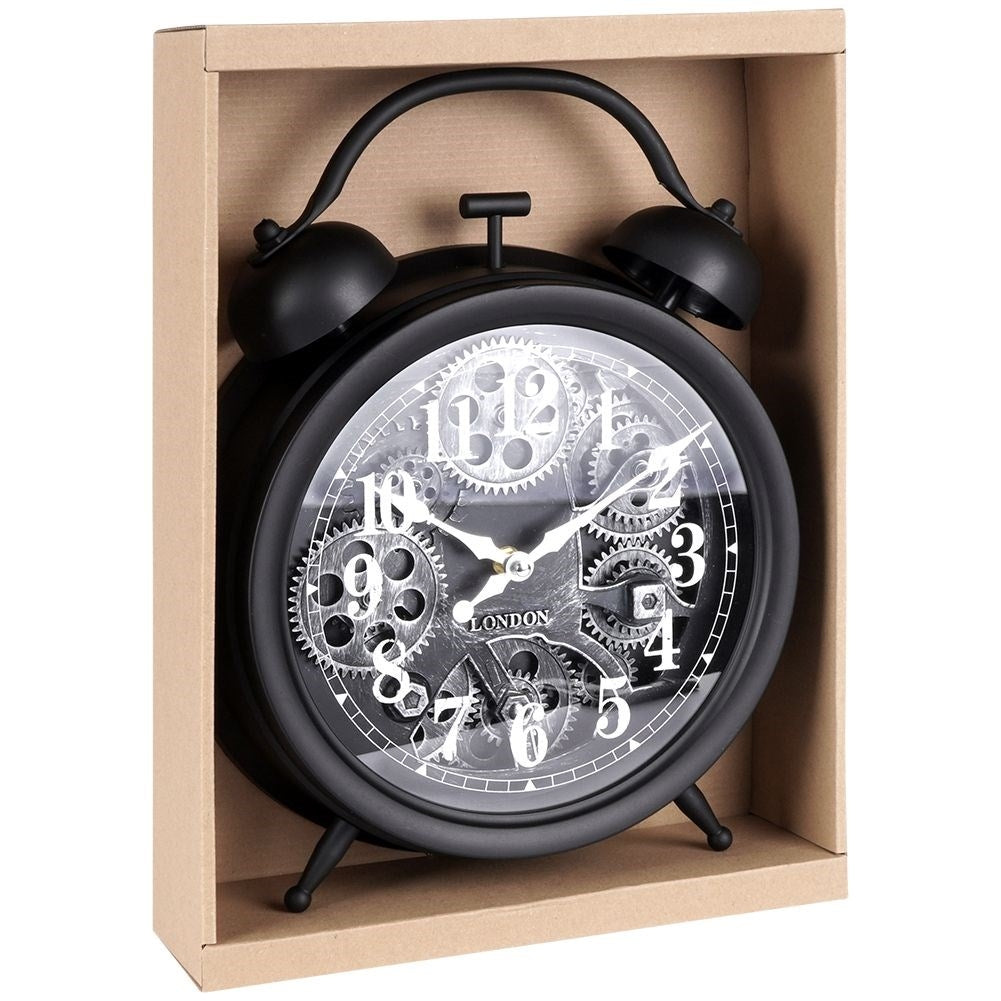 Black wall clock with moving silver gears and clear numbers