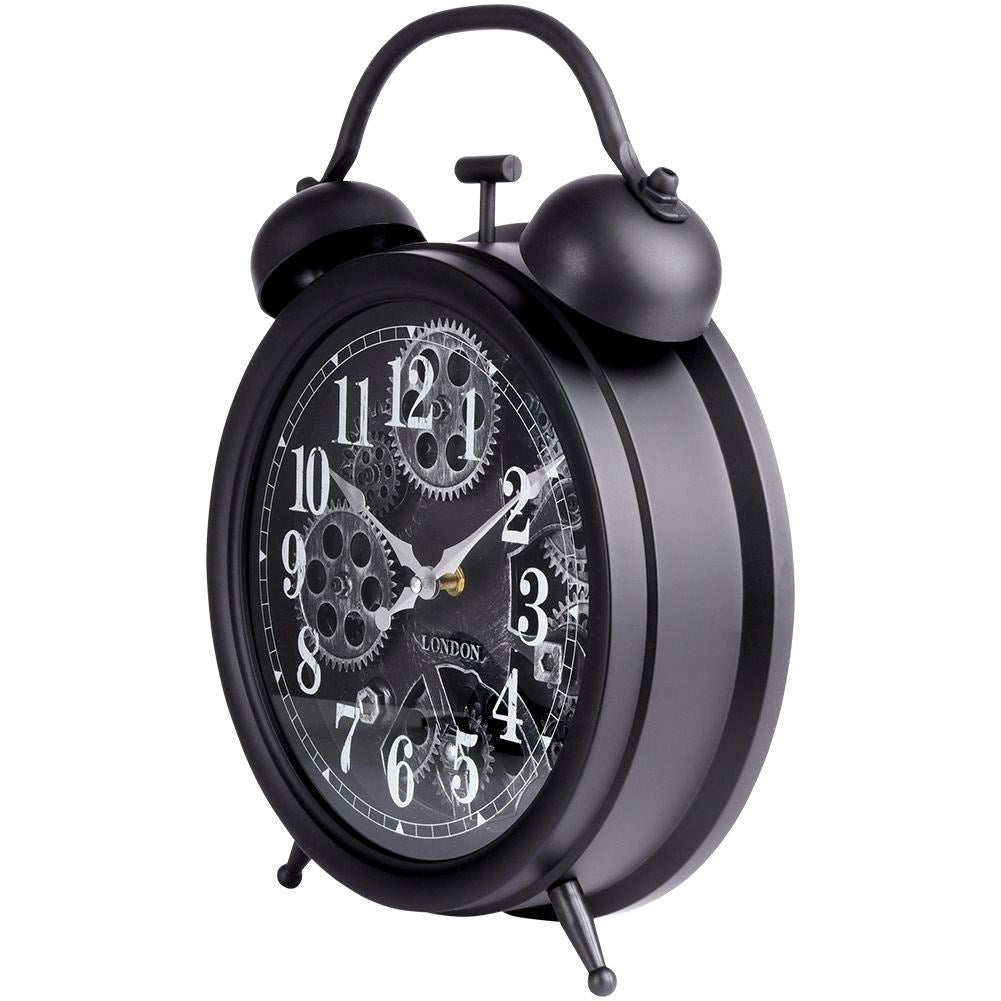 Black wall clock with moving silver gears and clear numbers
