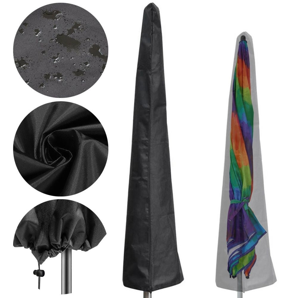 Black, waterproof parasol cover for garden and beach