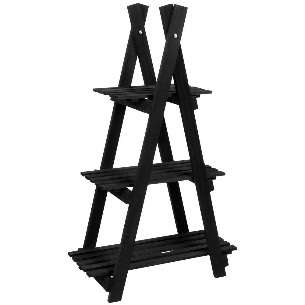 Black wooden flower stand with three levels in an industrial style