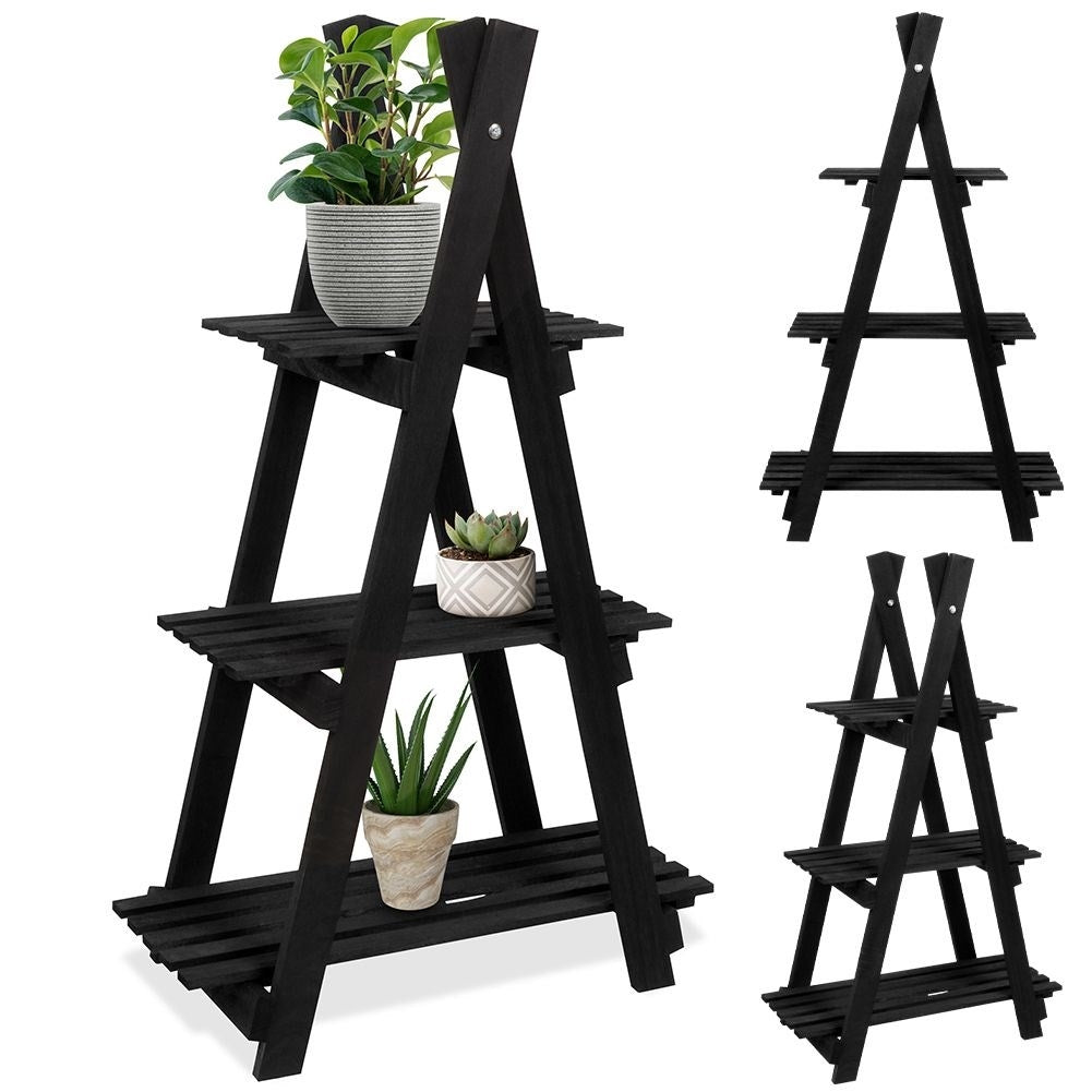 Black wooden flower stand with three levels in an industrial style