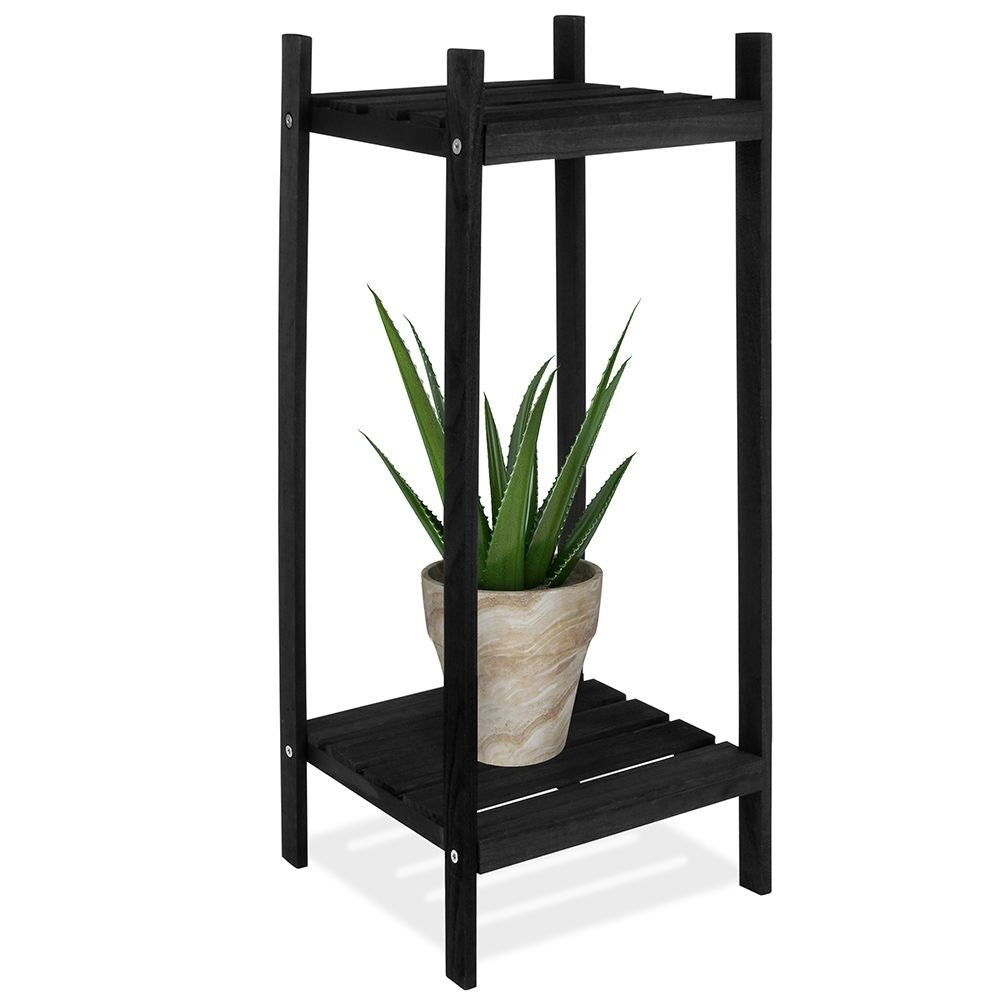 Black wooden flower stand with two levels in an industrial style