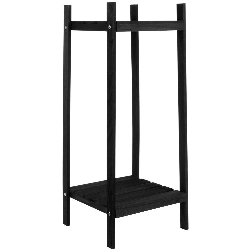 Black wooden flower stand with two levels in an industrial style