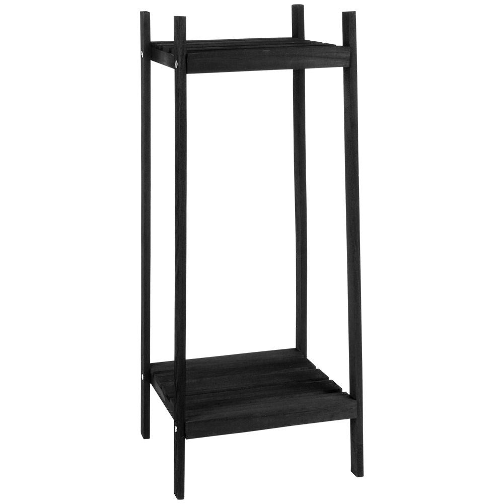 Black wooden flower stand with two levels in an industrial style
