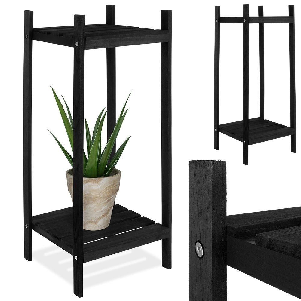 Black wooden flower stand with two levels in an industrial style