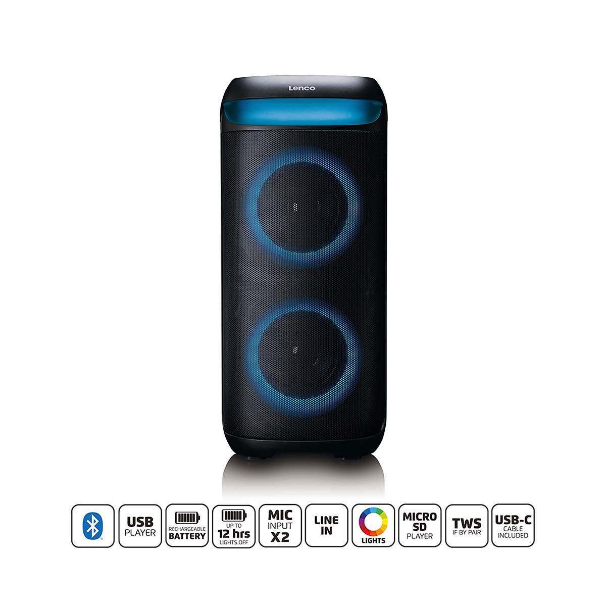 Bluetooth Party Speaker, LED Lights, 100W, TWS Pairing