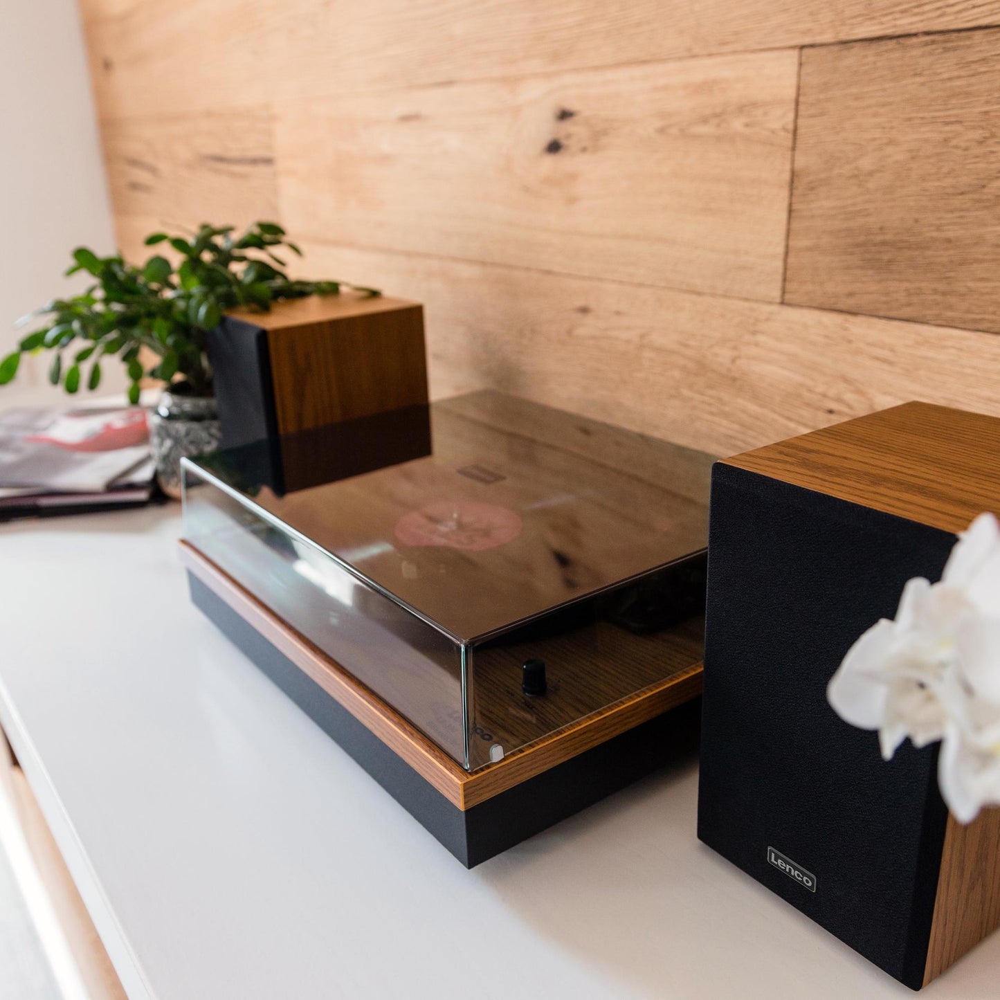 Bluetooth Record Player with Dual Wood Speakers, Auto-Stop